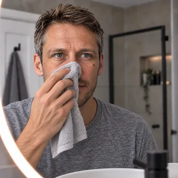 Man at a bathroom basin patting his nose dry with a towel before applying a nasal strip