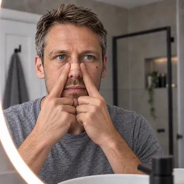 Man pressing both ends of a NasalFlow nasal strip down along the sides of his nose with his index fingers