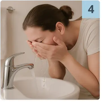 Woman rinsing her face with warm water to remove a nasal strip gently