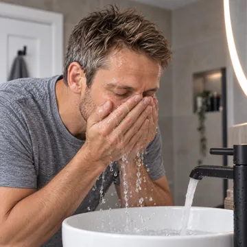Man splashing warm water on his face at the bathroom basin in the morning