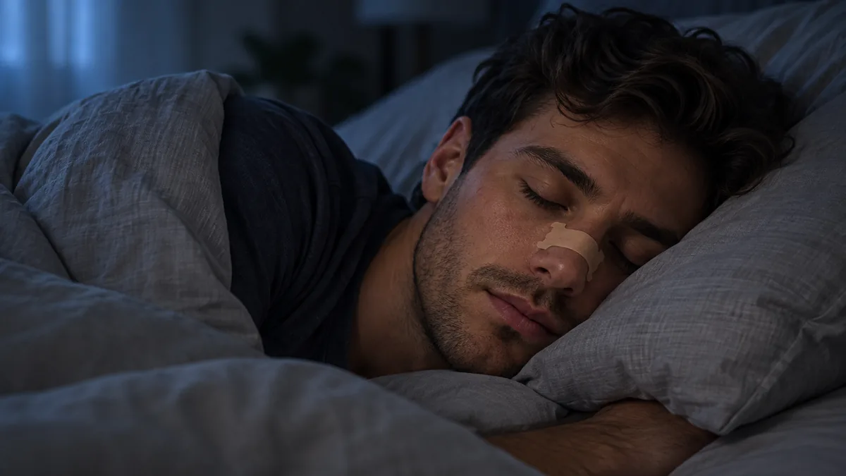 Young man fast asleep on his side under a grey duvet, wearing a nasal strip