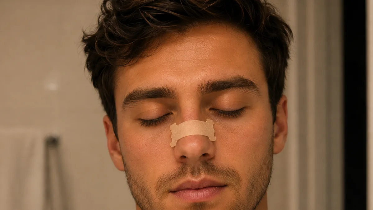 Man with his eyes and mouth closed, wearing a nasal strip across his nose