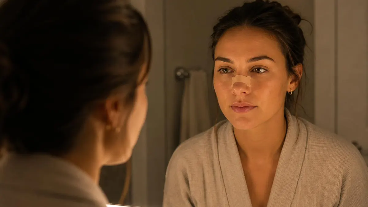Woman in a dressing gown looking in a mirror, wearing a nasal strip