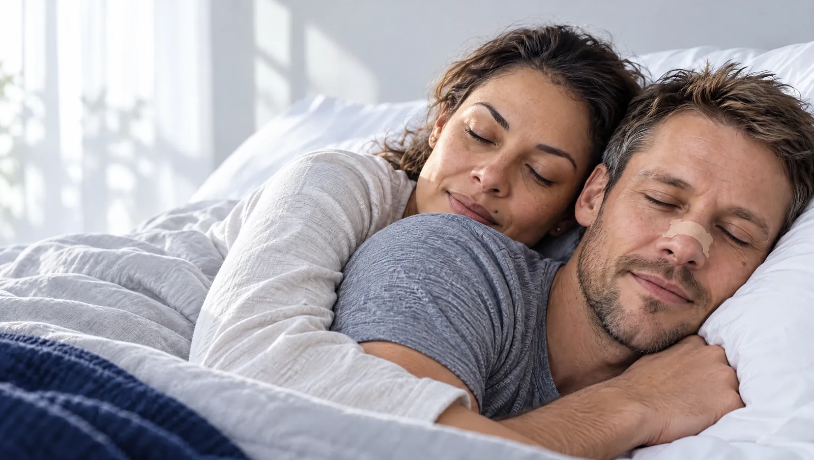 Couple asleep together in bed in soft morning light, the man wearing a NasalFlow nasal strip across his nose