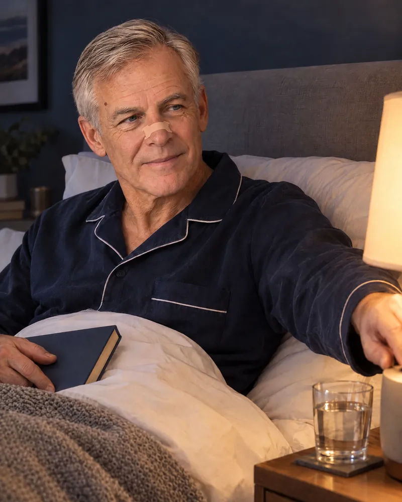 Older man sitting up in bed wearing a NasalFlow nasal strip, switching off his bedside lamp
