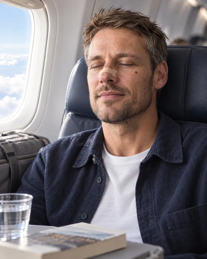 Man resting with his eyes closed in a plane window seat, wearing a NasalFlow nasal strip