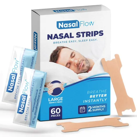 A pack of NasalFlow Large Nasal Strips with individually wrapped strips
