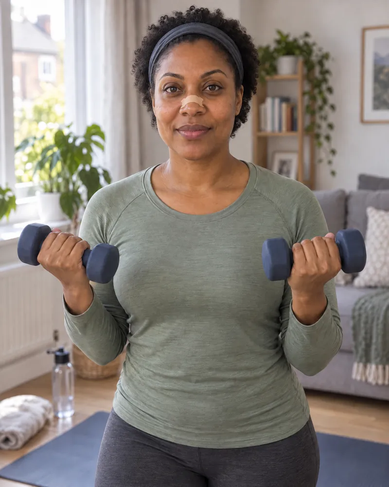 Woman doing a light home workout with hand weights in her living room, wearing a NasalFlow nasal strip