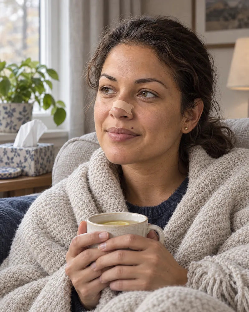 Woman wrapped in a blanket on the sofa with a hot lemon drink, wearing a NasalFlow nasal strip